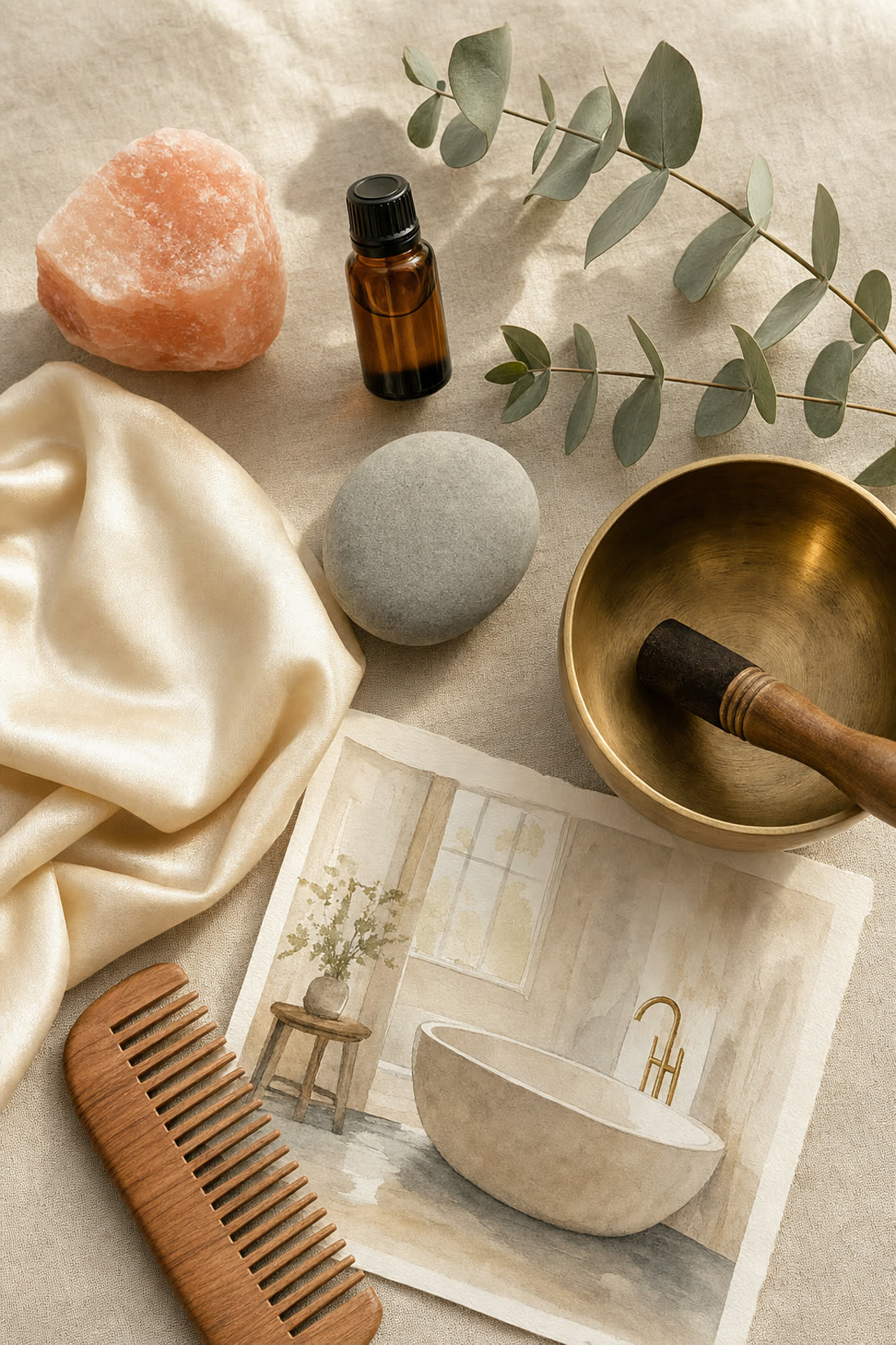 Wellness mood board with Himalayan salt, essential oils, a singing bowl, silk, and a watercolor bath sketch